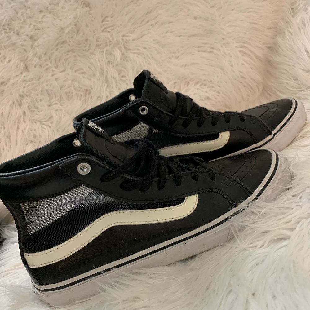 Black leather and mesh high top Vans